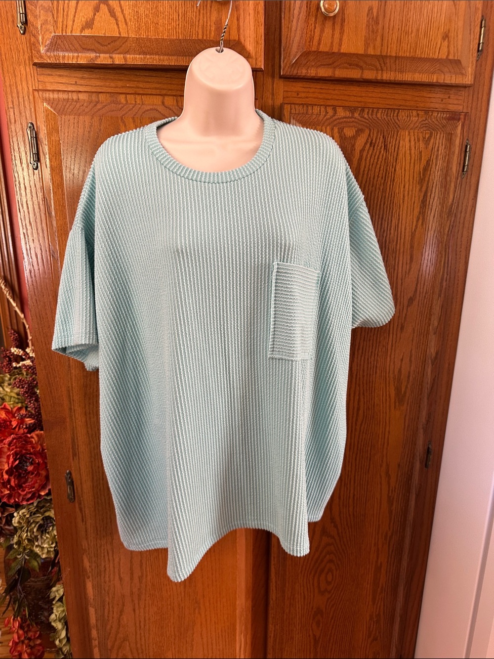 Zenana Outfitters Light Aqua Ribbed Short Sleeve Pocket Tee